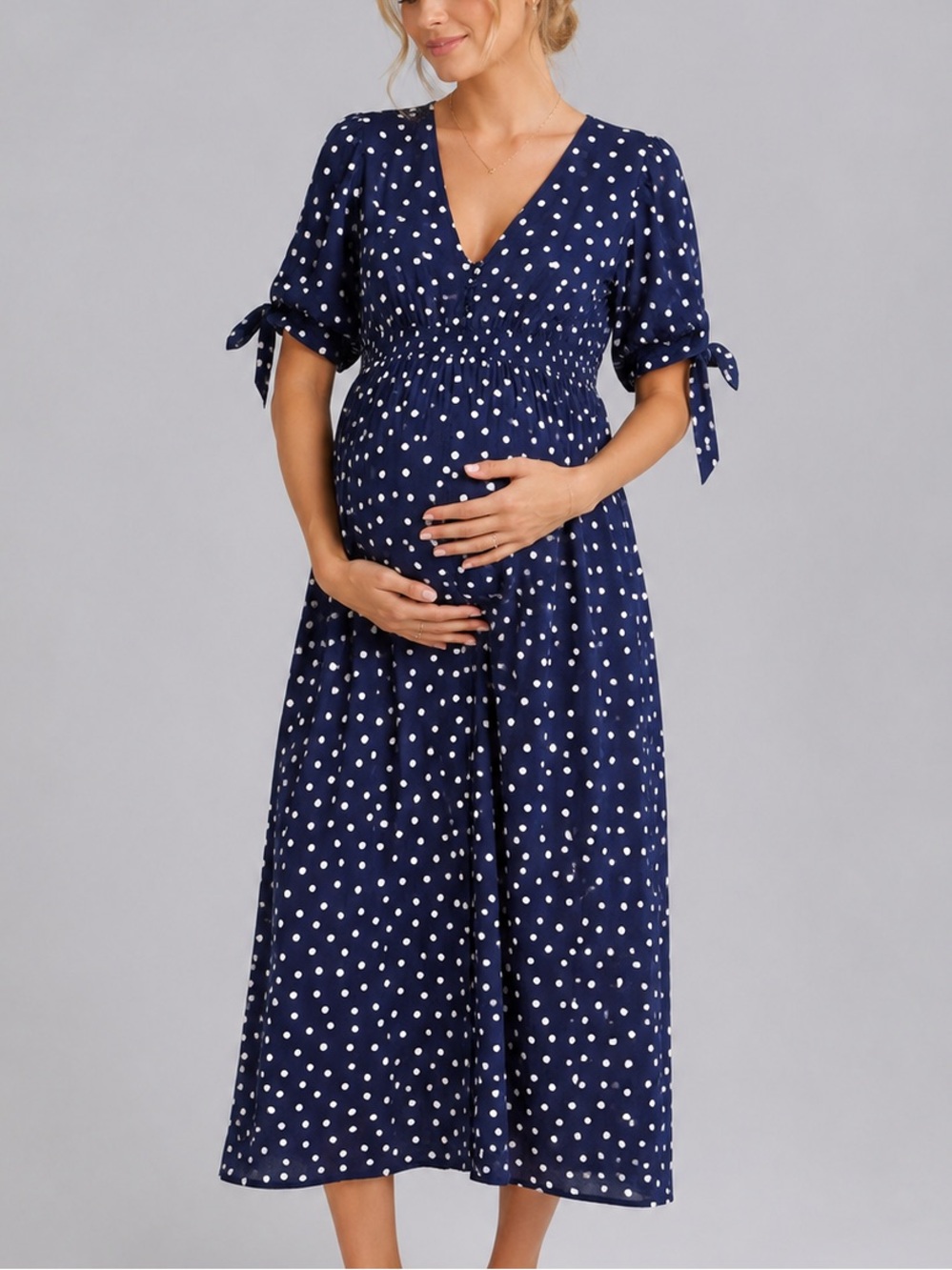 🆕✨Motherhood Maternity Navy Blue Polka Dot Midi Dress XL Pregnancy Empire Waist